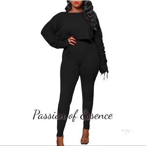 Black Khaki Ribbed 2 Piece Set Ruched Sleeve Crop Top and Long Pants Workout Set